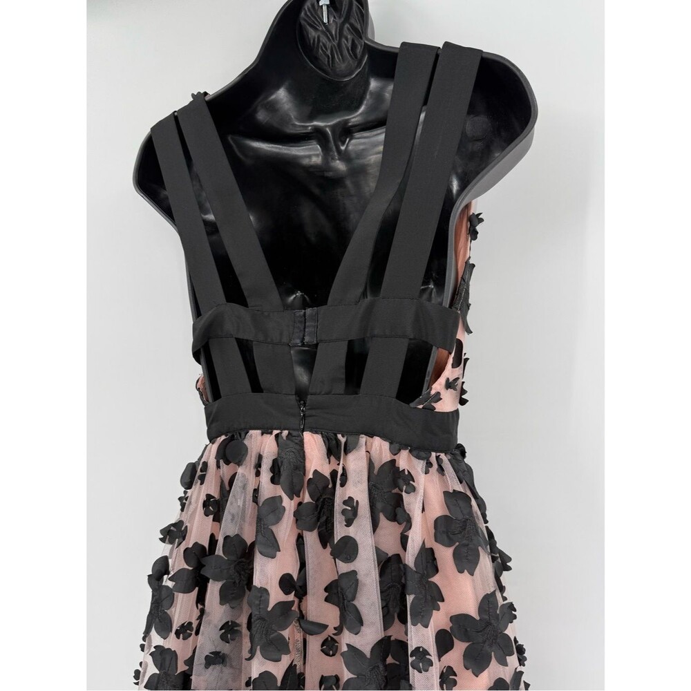 Anthropologie Strappy Floral Floral Appliqúe Tulle Midi Dress | Black /Blush | 0 - Picture 4 of 12